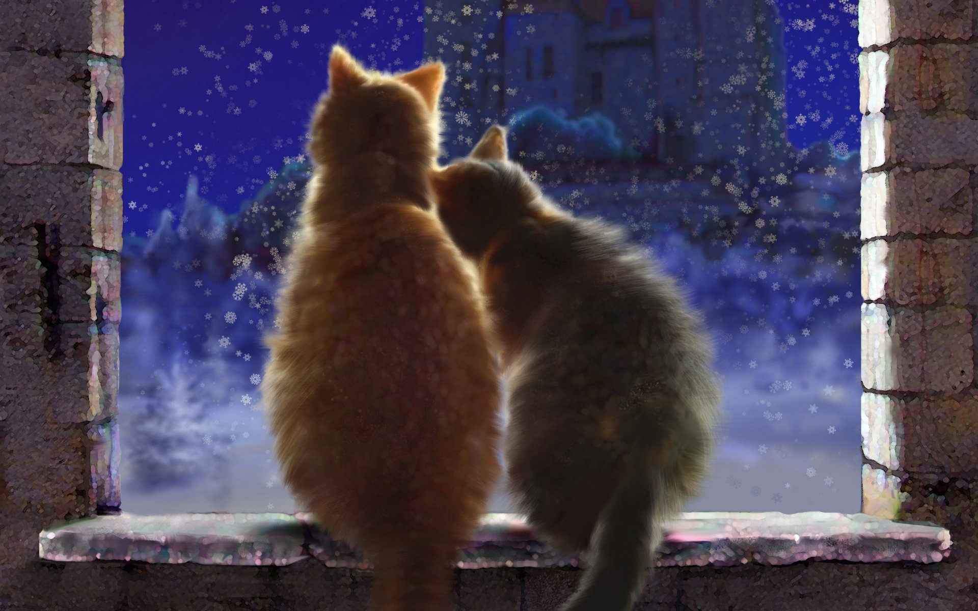 gatos alféizar de la ventana ventana arte nieve amor pareja invierno