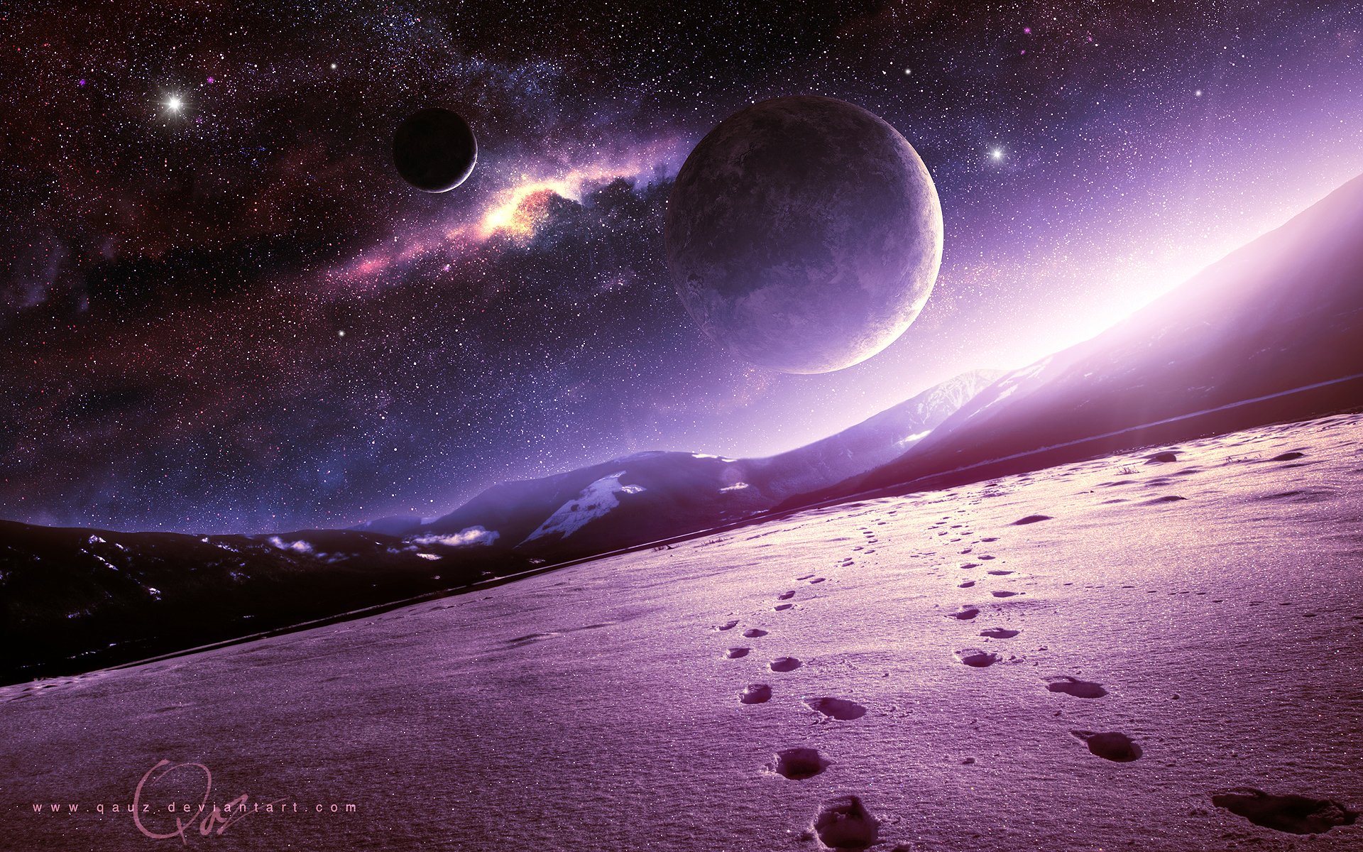 planets mountains snow space art