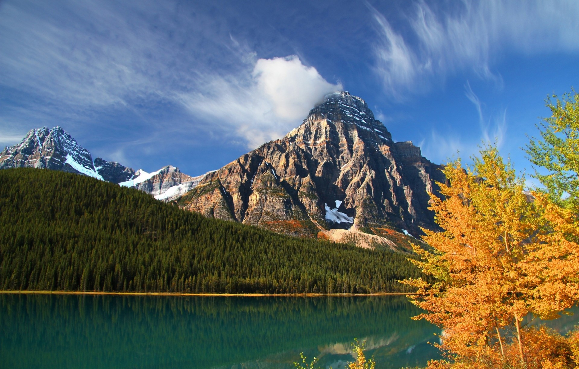 alberta lac forêt canada parc national de banff banff automne montagnes arbres