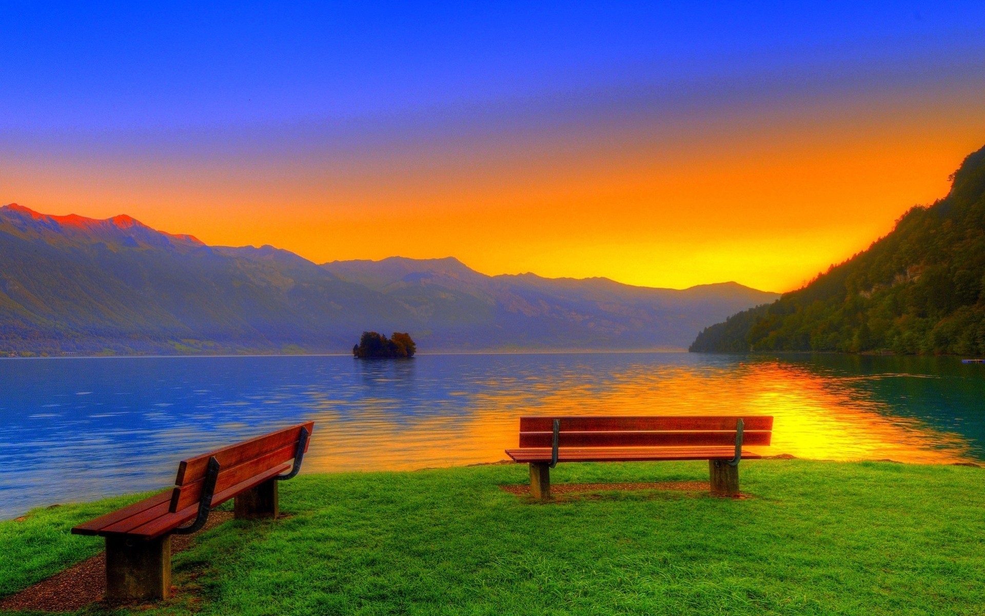 lake mountain grass sunset bench