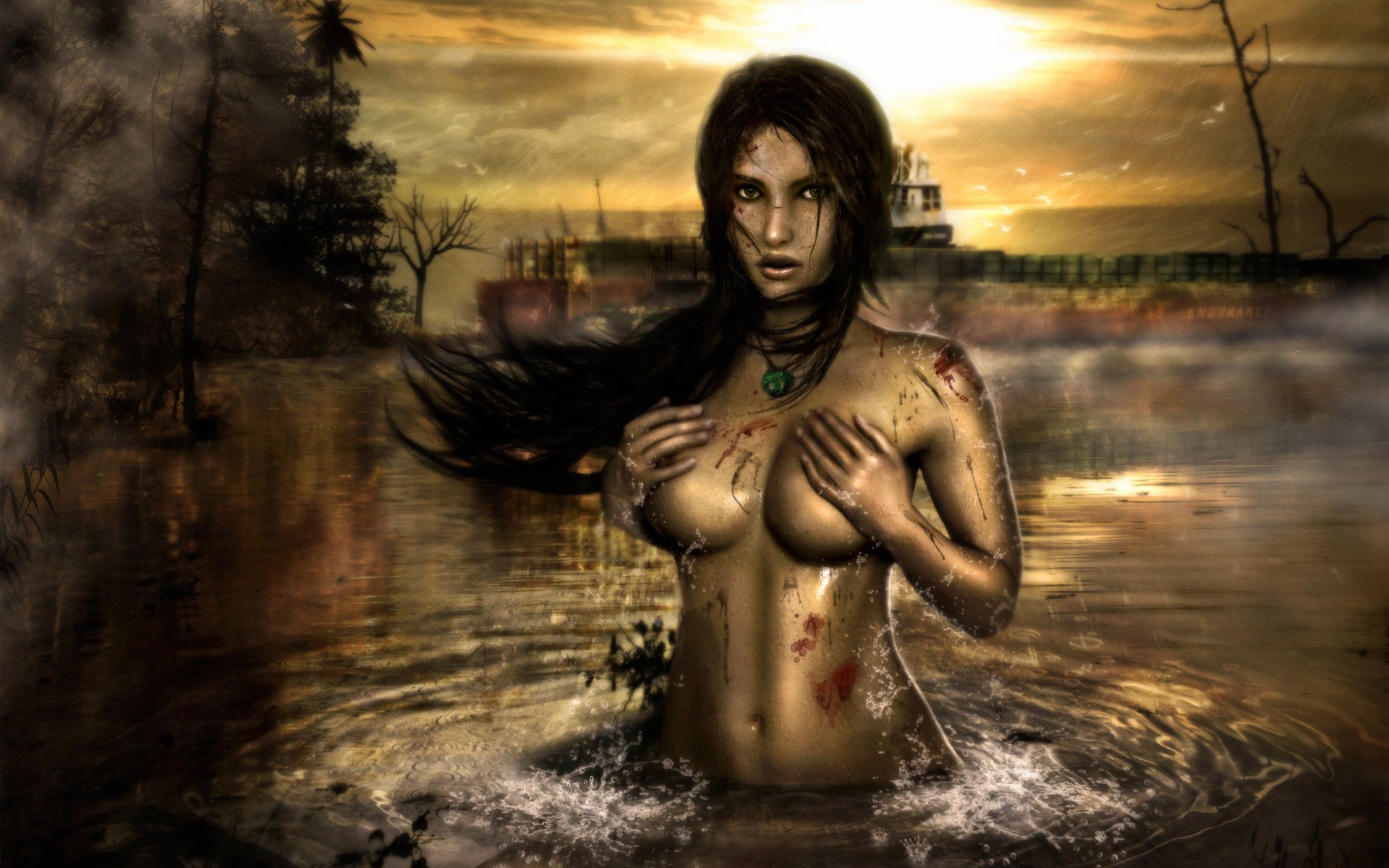 tomb raider niebla fanart chica agua sangre lara croft lluvia