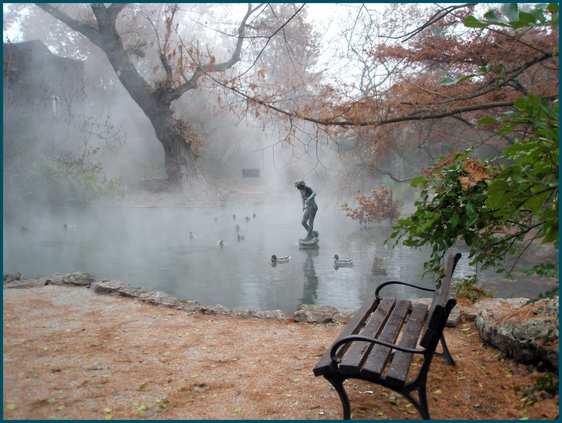 nebel park morgen statue bänke