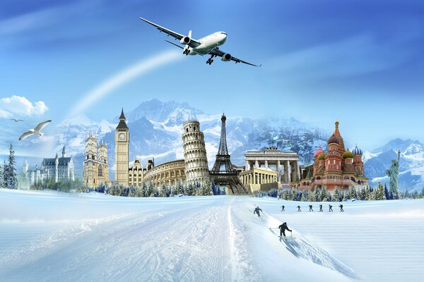 Journeys. A plane in the sky. Blue sky. Vacation. White snow. Skiers. Winter. Mountains