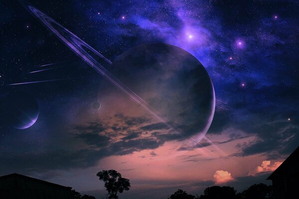 Colorful sky with Saturn close to the earth