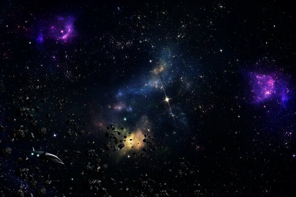 Espace stellaire avec des astéroïdes et un navire