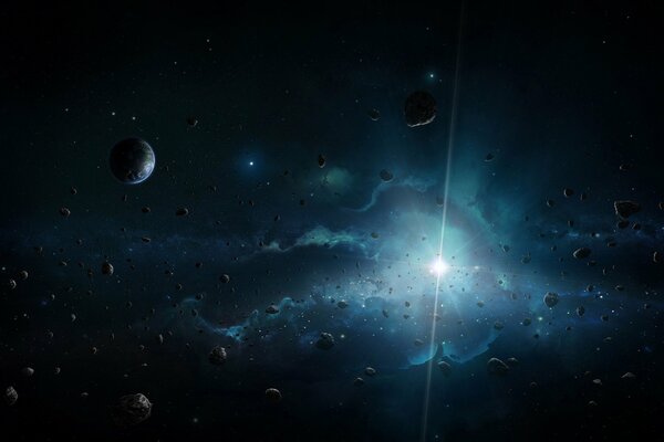Kosmischer dunkler Himmel. planeten, Asteroiden