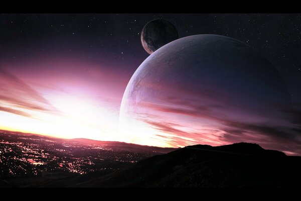 Sonnenuntergang auf einem fernen Planeten in den Lichtern einer fernen Stadt