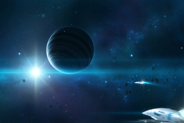 A white spaceship is flying towards a blue planet on the background of a star