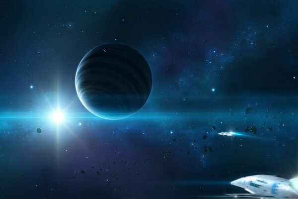 Un astronave bianca vola verso un pianeta blu su uno sfondo di stelle