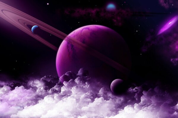Purple planet and its satellites in the clouds bright sun illuminates the planets