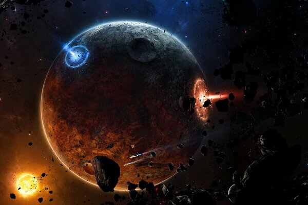 Spaceships set fire to planets with meteorites