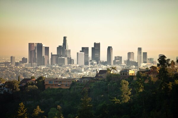 Dark city at dawn with skyscrapers