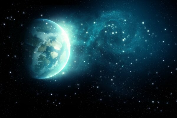 Планета с голубым свечением на фоне звездного неба