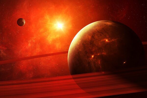 A large planet on a red background, surrounded by a ring, a small planet in the distance