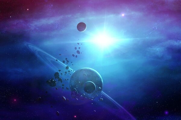 Space-themed art with multiple planets and asteroids