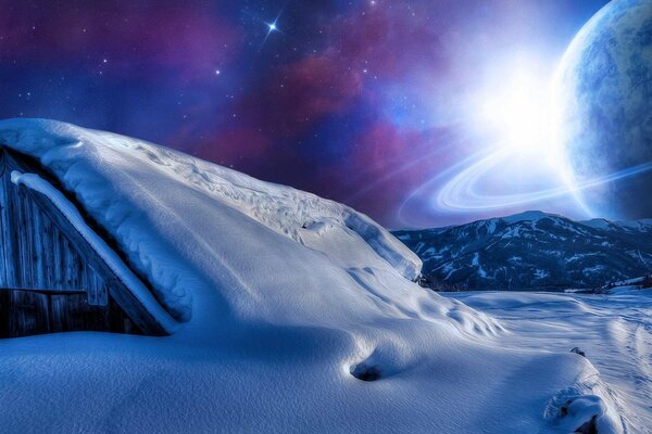 A snow-covered hut against the background of space and the planet