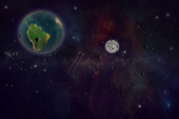 Pianeta Terra e Luna satellite nello spazio meteorico