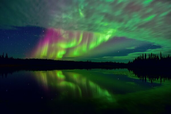 Northern lights at night in the tundra