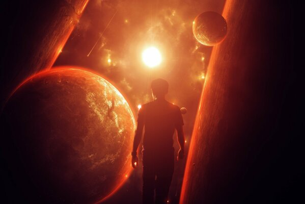 Арт от abikk с мужчиной на фоне планет и солнца