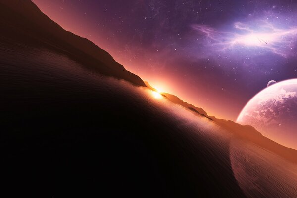 Cosmos. Grande planète. Vue coucher de soleil