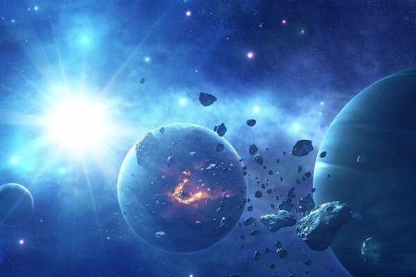 Espace, planètes, astéroïdes et étoile brillante sur fond bleu