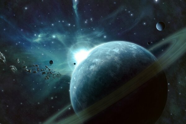 Planeta z pierścieniem na tle niebieskiej poświaty i gromady meteorytów w kosmosie