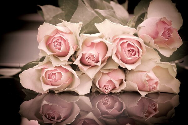 Букет розовых роз на зеркале