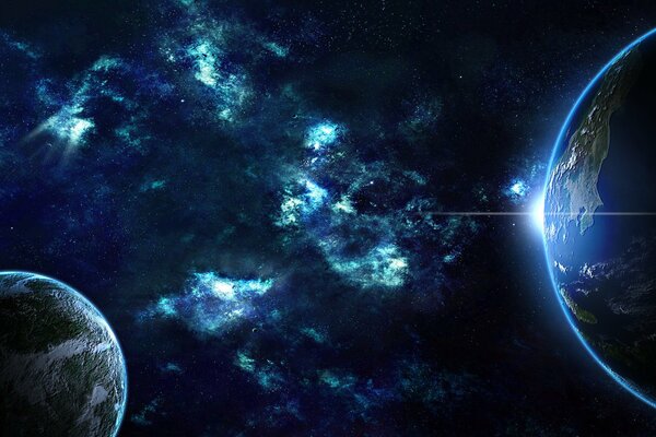 Alba della galassia, sullo sfondo del pianeta terra