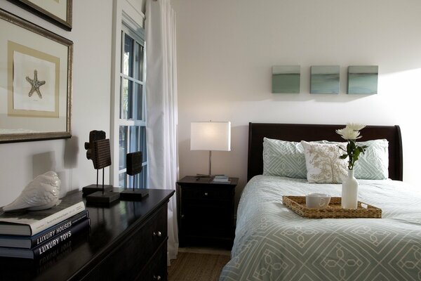 Stylish bedroom in sand-sand olive tones