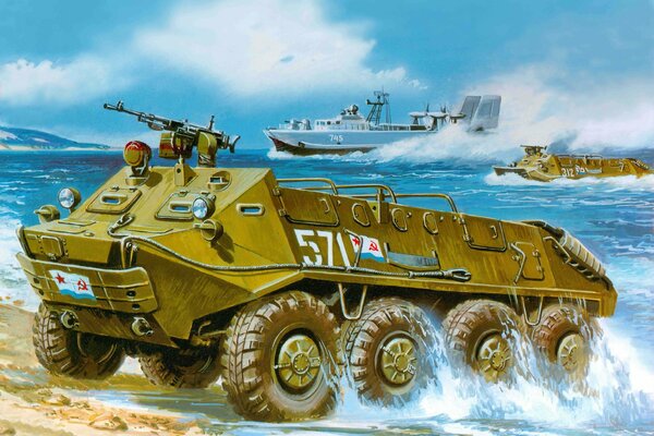 Drawing of a Soviet armored personnel carrier floating on the river