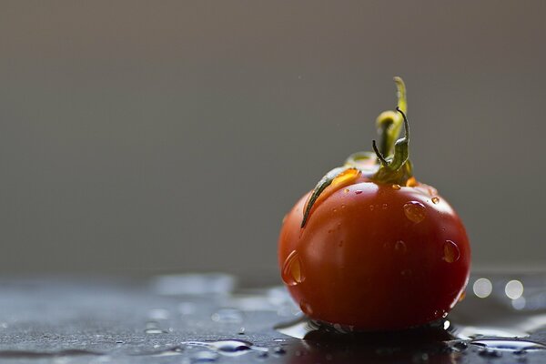 Tomate rojo con gotas de agua