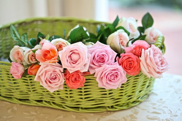 Coral and pink roses in a green wicker basket