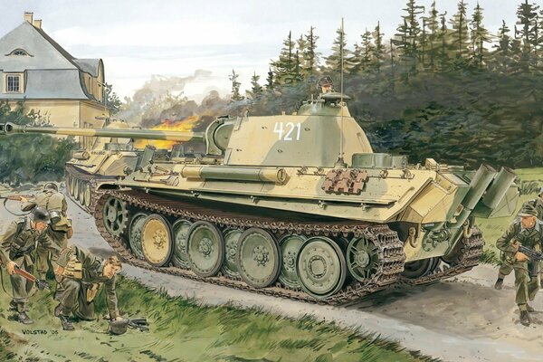 Dibujo de un tanque militar con soldados alrededor