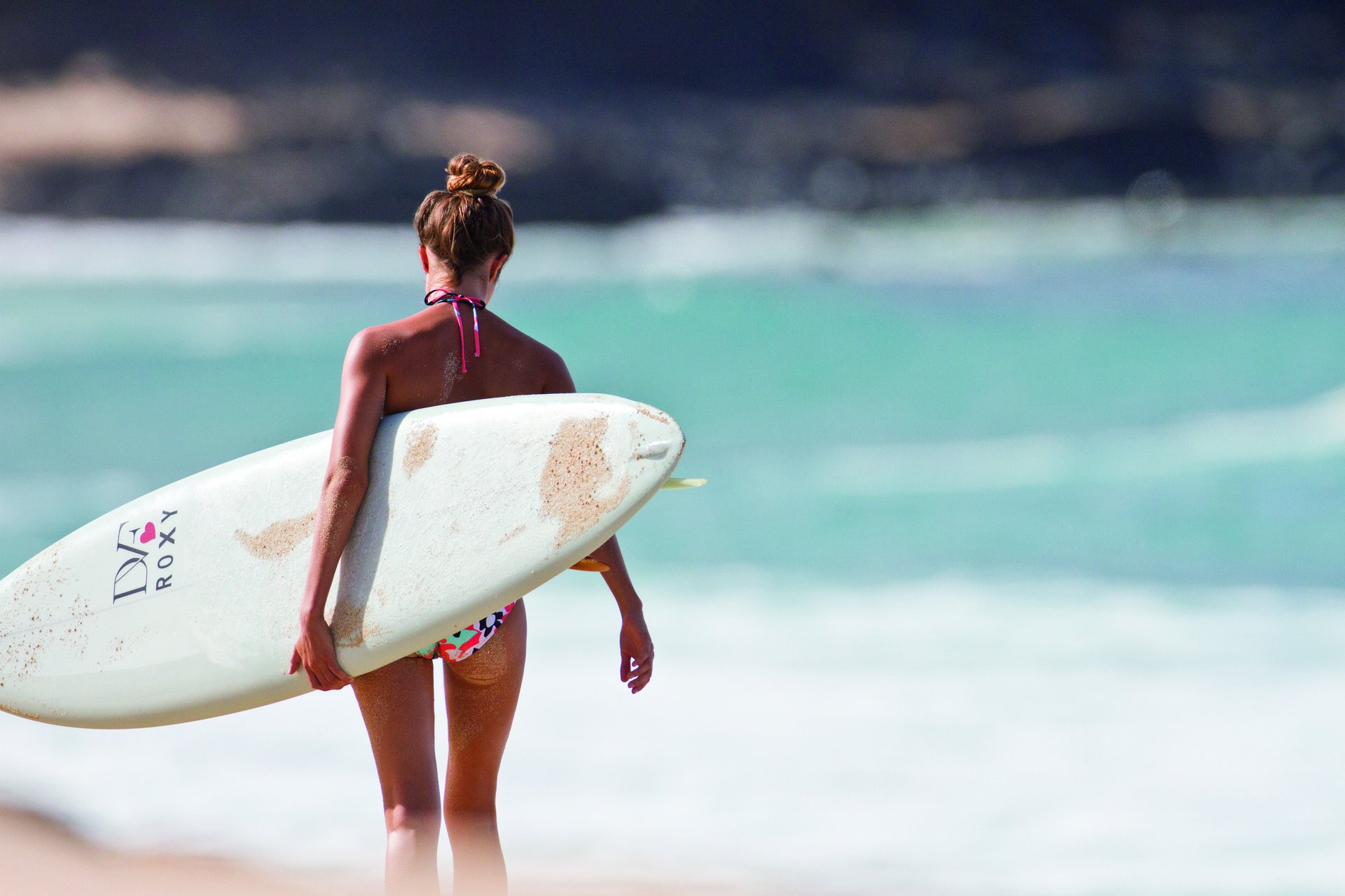 girl blonde sports surfing board beach ocean