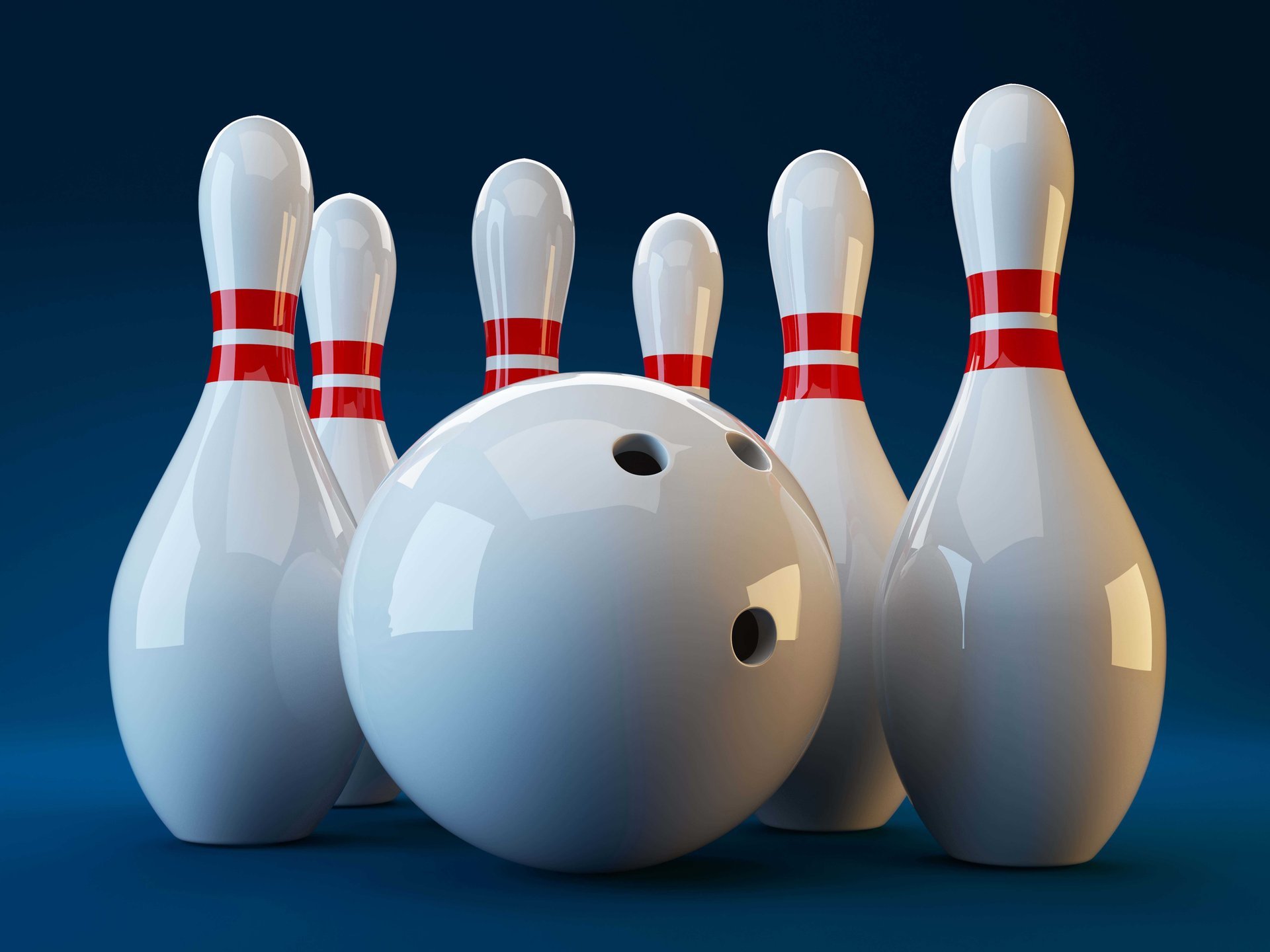 ports white bowling ball and pins on blue background rendering visualization 3d