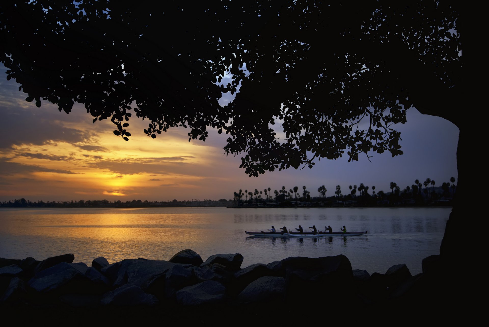 canoeing boat team river swimming sunset tree beach