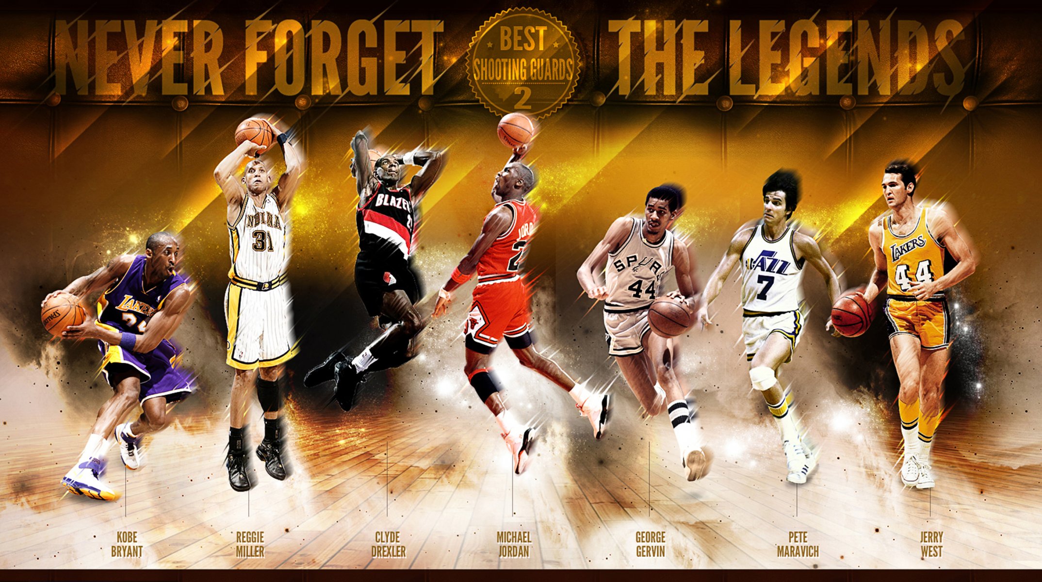 basket sport nba leggende kobe bryant reggie miller clyde drexler michael jordan george gerwin pete maravicha jerry west