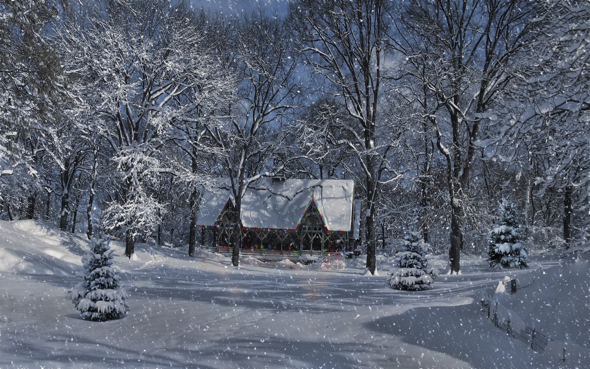 landschaft lichter schnee wald bäume winter haus glühbirnen