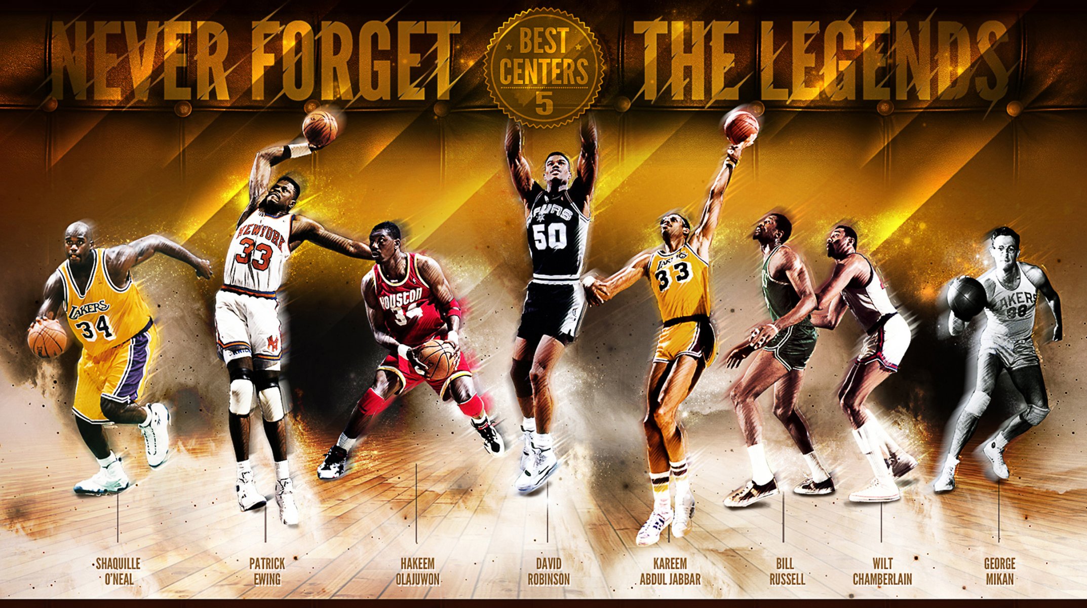 basketball sport nba legenden shakil o neal patrick ewing olajewon kareem abdul jabbar bill russell wilt chamberlain george mikan