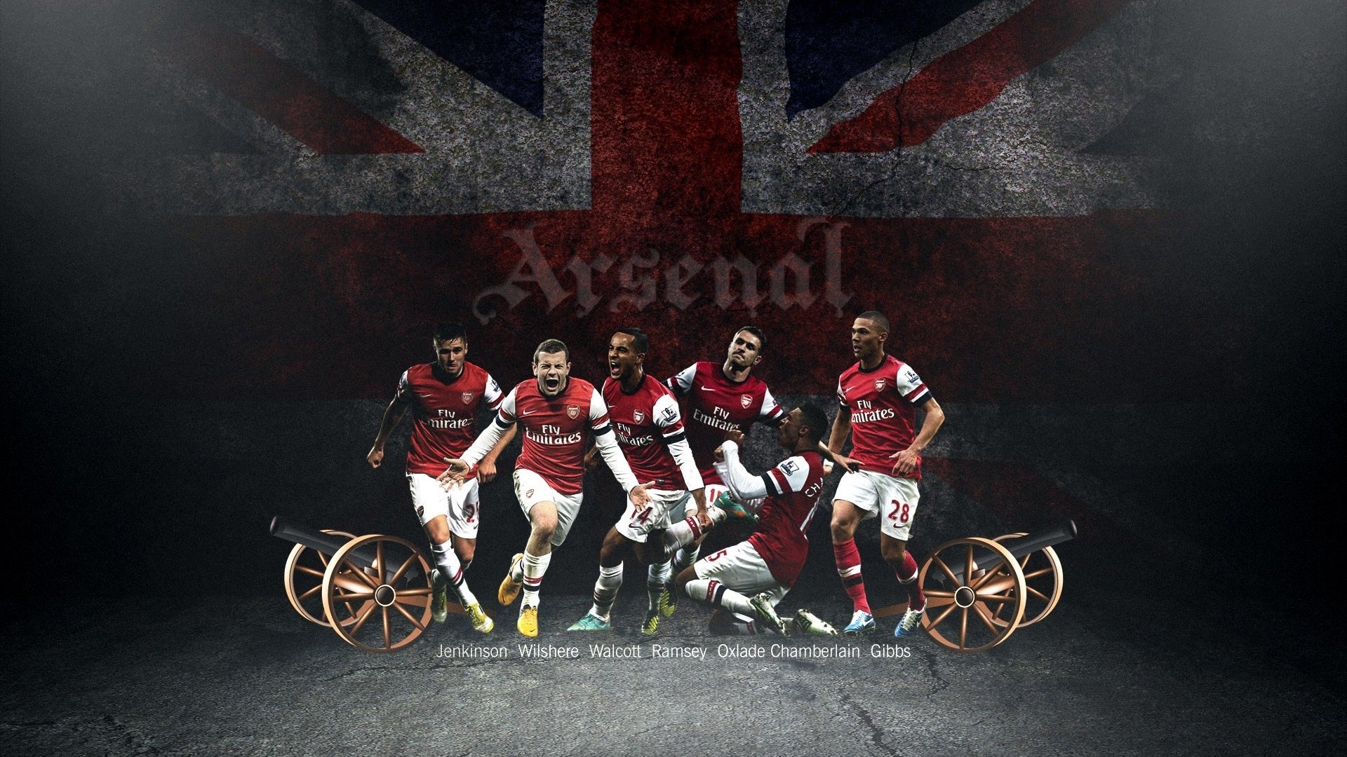 arsenal football club gunners joueurs anglais jenkinson jack wilshire theo walcott ramsey alex oxlade-chamberlain kieran gibbs flag guns.toile de fond