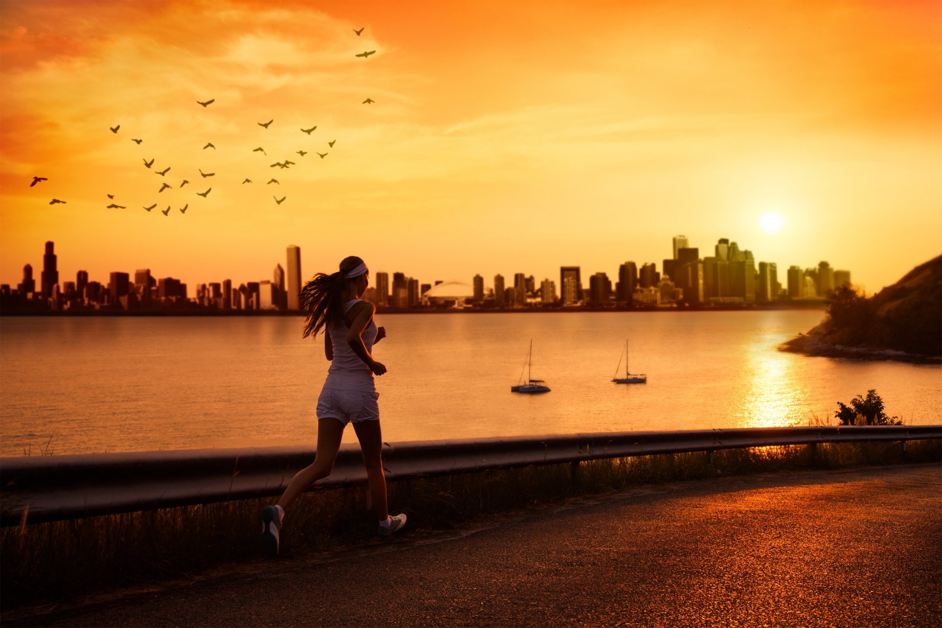 sport fille femme course route rue mer rivière eau réflexion soleil coucher de soleil bâtiments oiseaux oiseaux silhouette arrière-plan grand écran plein écran écran large fond d écran