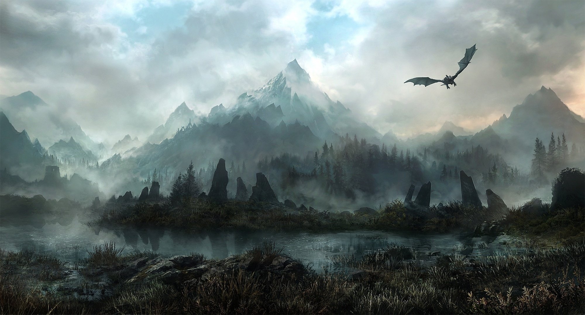 land of skyrim art góry jonasdero las kamienie smok mgła