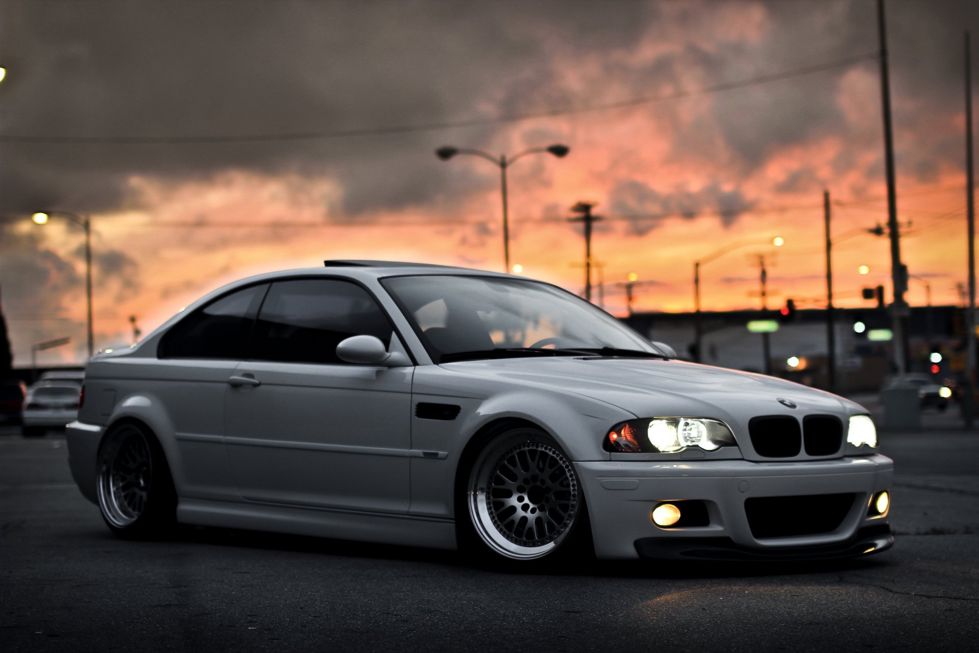 bmw blanco e46 bmw puesta del sol blanco m3 ciudad cielo