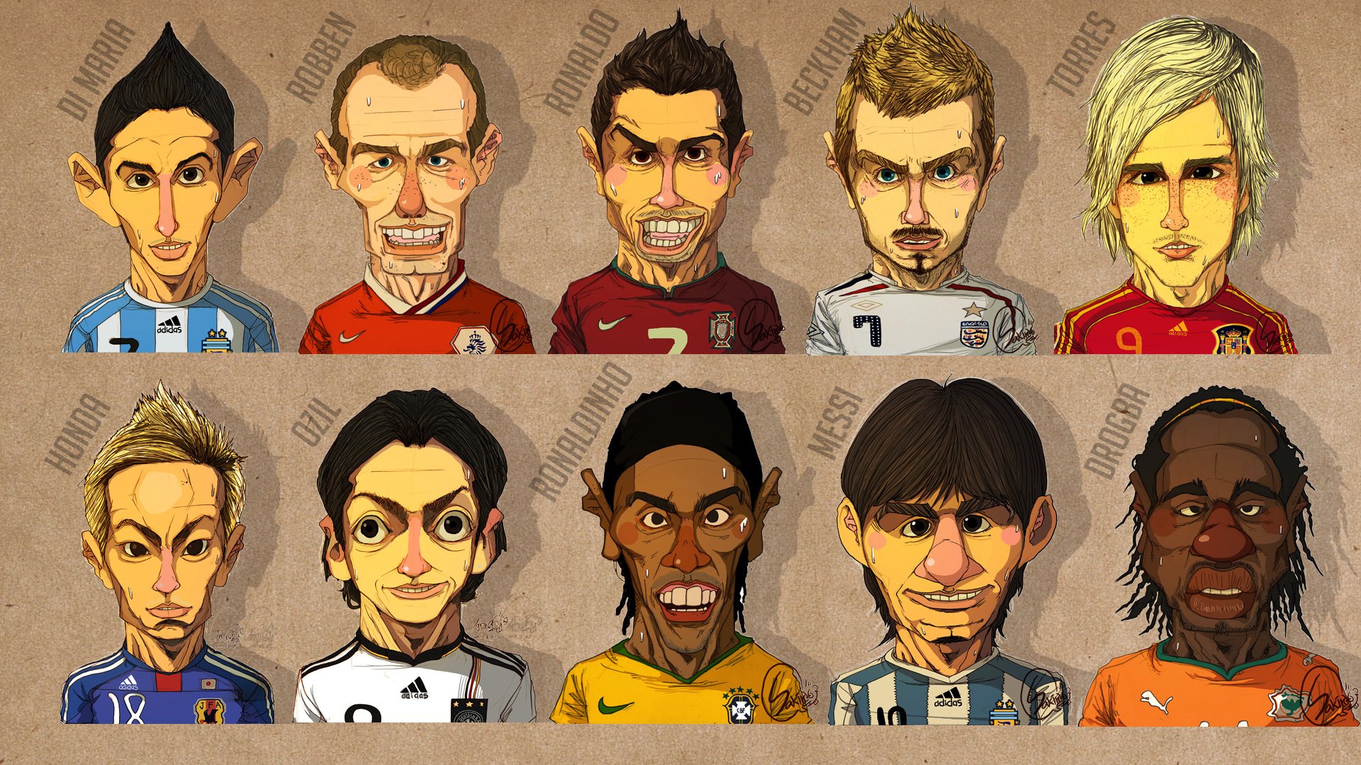 caricaturas di maría robben ronaldo beckham torres honda ozil ronaldinho messi drogba caras