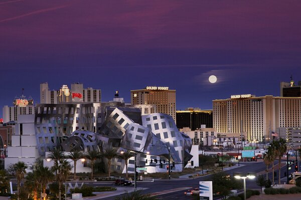 Extraordinary buildings in the moonlight of Las Vegas