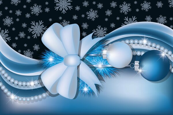 White bow, blue Christmas tree balls, snowflakes