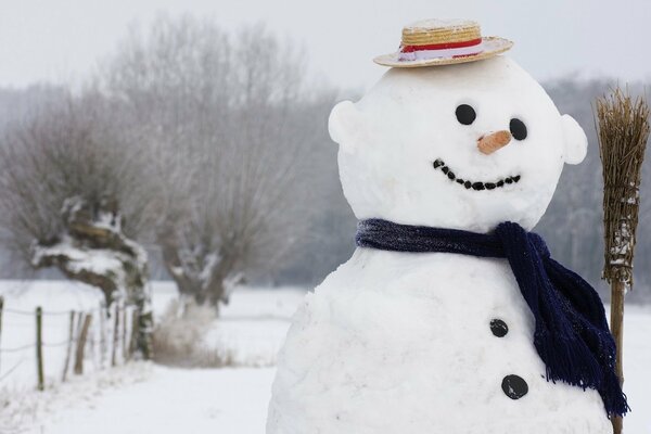 Winter background snowman smiling