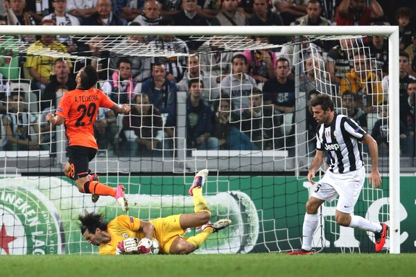 The goalkeeper catches the ball at a football match