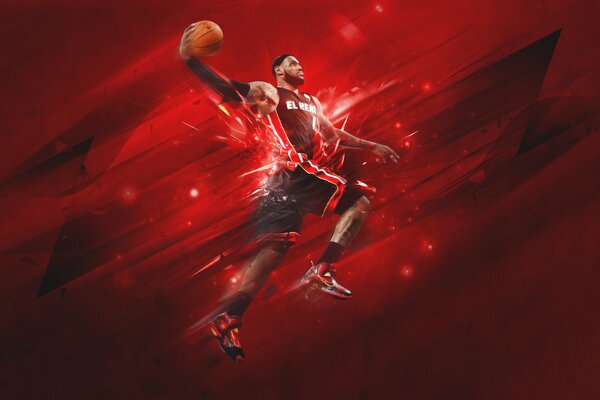 Basketball player in a jump with a ball in his right hand on a red background