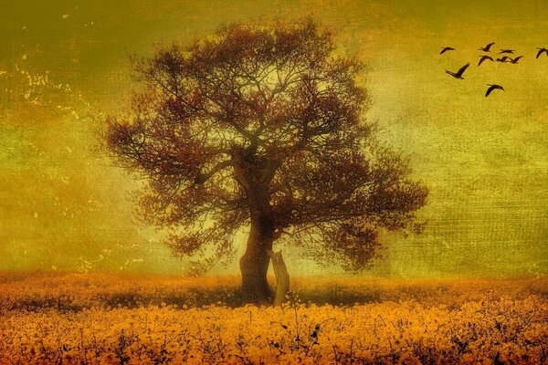 Ölgemälde von einem Baum in der Steppe